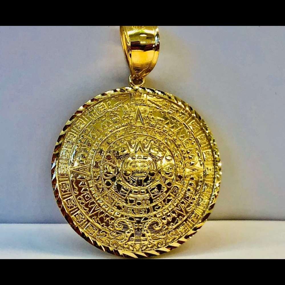 10k Gold Aztec Calendar Large Pendant Gem